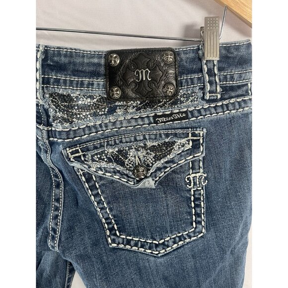 Miss Me Jeans Women's 32 Easy Boot Cut Embellished Bling Flap Pockets Denim Blue - Picture 8 of 10